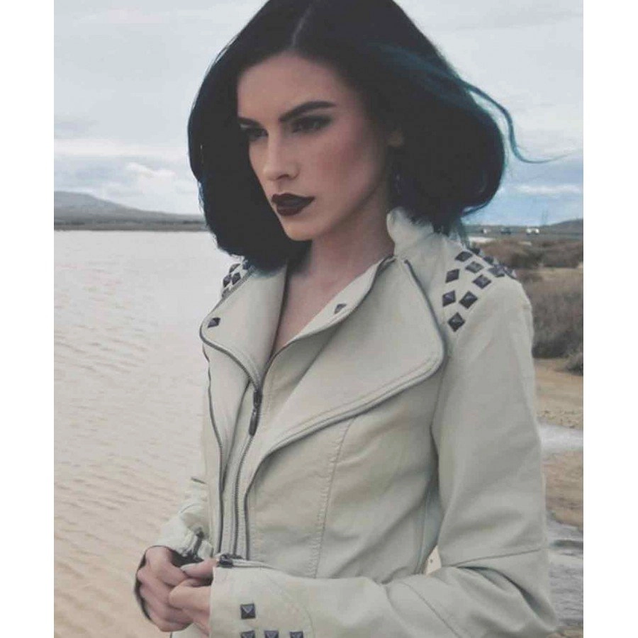 Womens White Studded Punk Leather Jacket