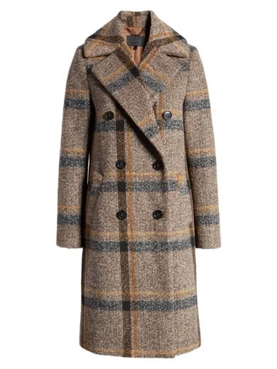 Womens Double Breasted Plaid Tweed Coat