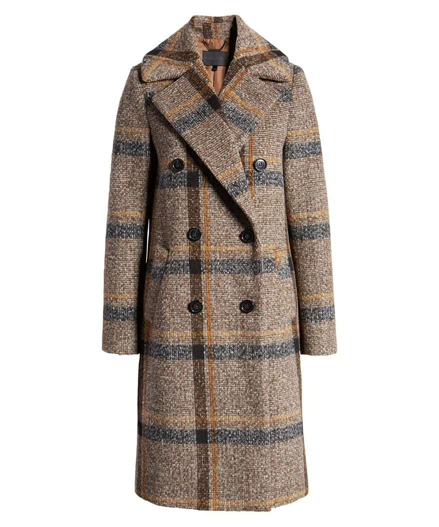Womens Double Breasted Plaid Tweed Coat