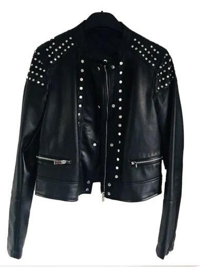 Black Studded Cafe Racer Leather Jacket