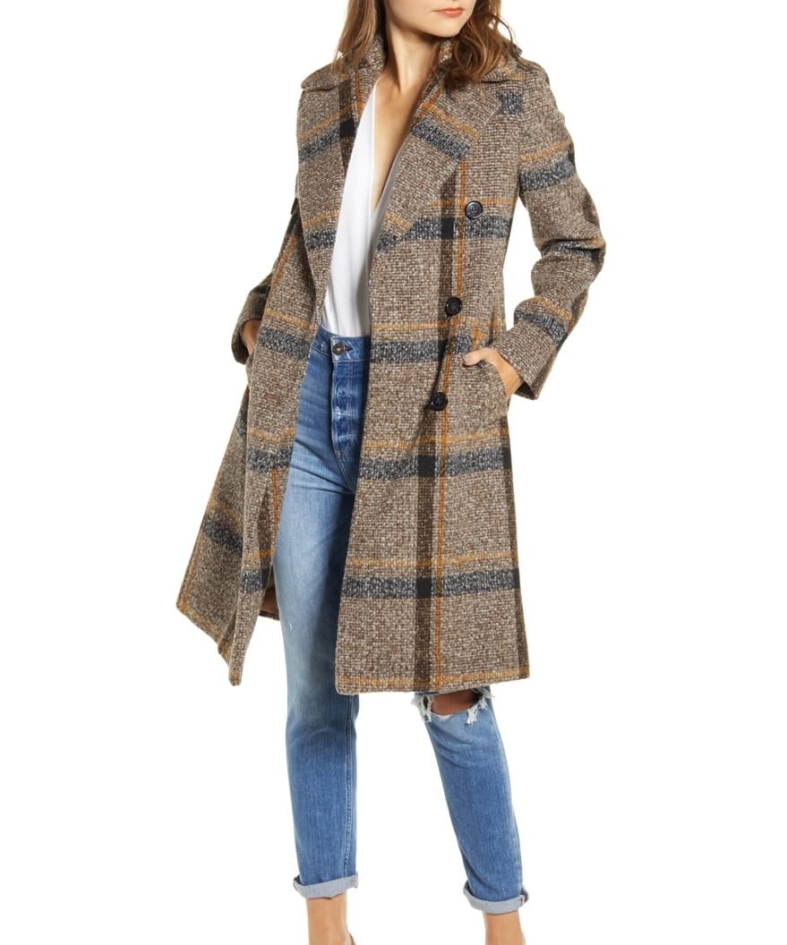 Womens Double Breasted Plaid Tweed Coat