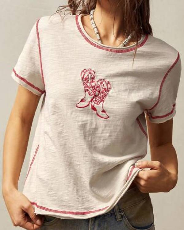 Baylen Out Loud S02 Baylen Dupree Beige & Red Stitch Cowboy Tee