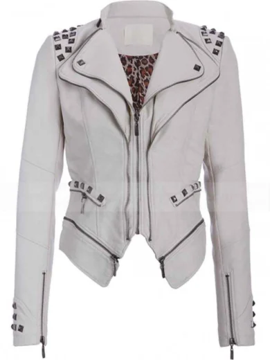 Womens White Studded Punk Leather Jacket