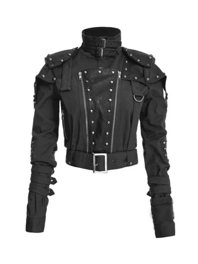 Womens Black Studded Military Cropped Jacket