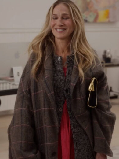 And Just Like S02 Carrie Bradshaw Grey Oversized Plaid Coat