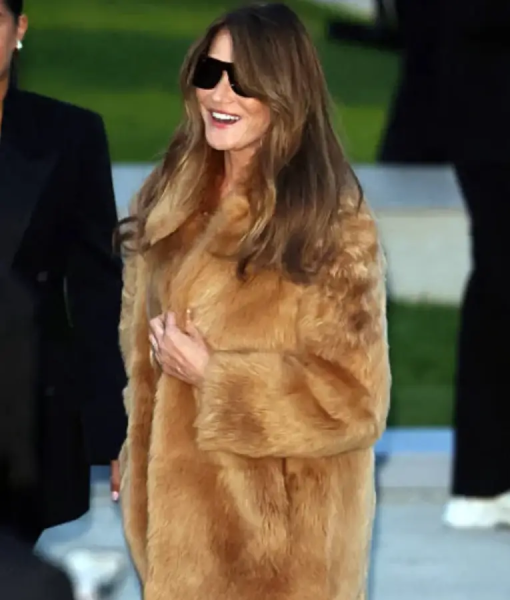 Carla Bruni PFW Photocall Brown Fur Coat