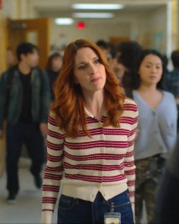 English Teacher S02 Stephanie Koenig Pink & White Striped Cardigan