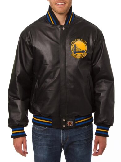 Golden State Warriors Black Leather Varsity Jacket
