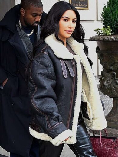 Kim Kardashian Bomber Shearling Leather Jacket