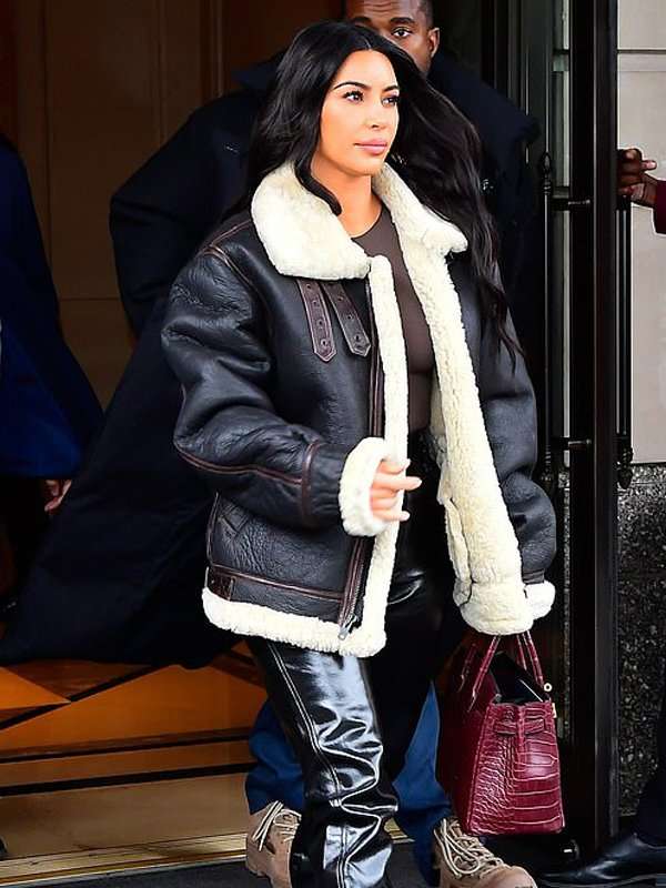 Kim Kardashian Bomber Shearling Leather Jacket