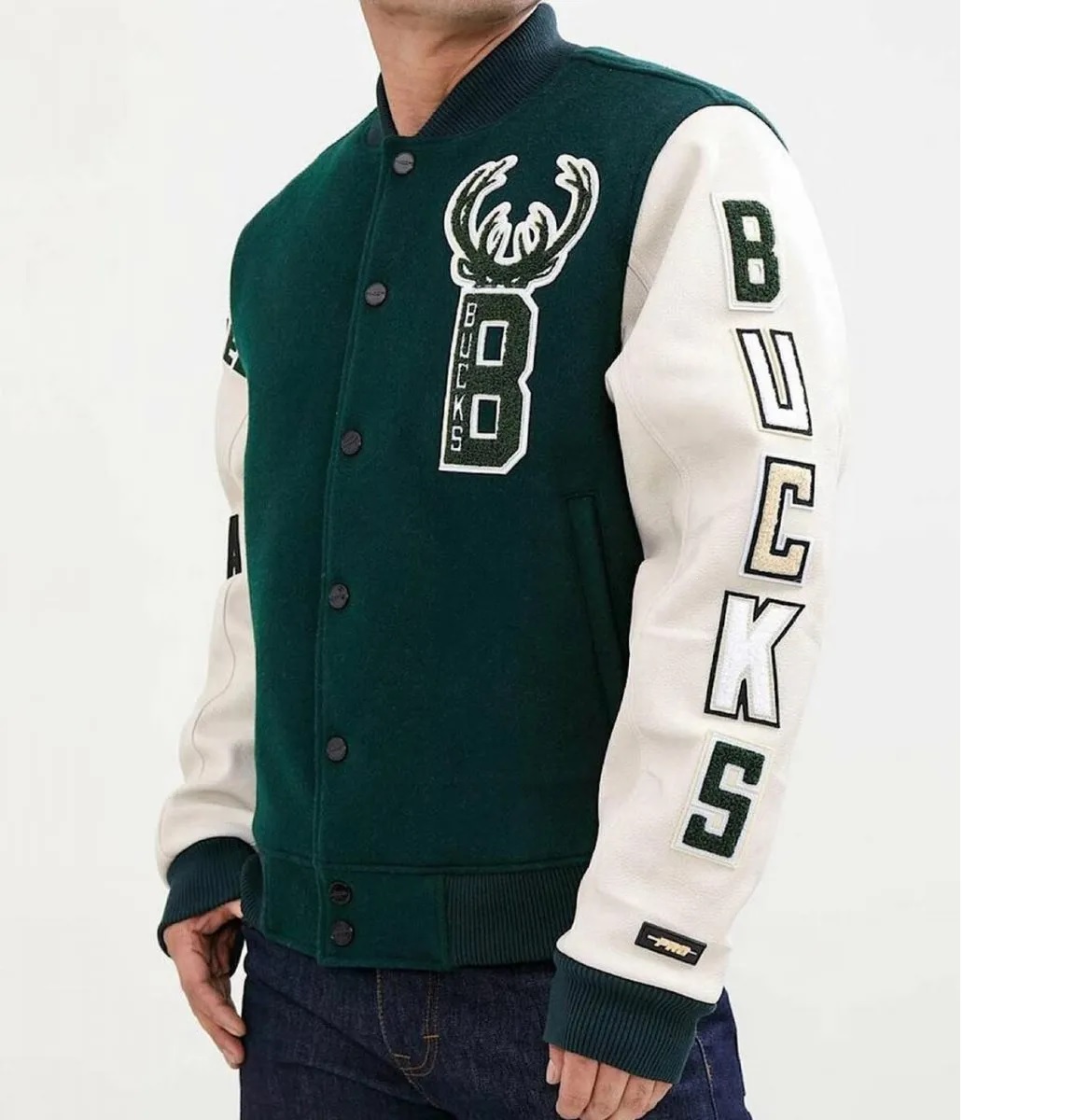 Milwaukee Bucks Letterman Green and White Jacket - Image 4