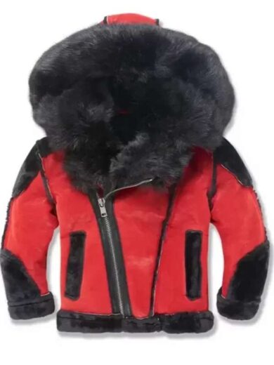 Men Shearling Hooded Red & Black Jacket