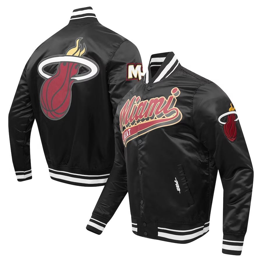 Miami Heat Script Tail Black Full-snap Satin Varsity Jacket