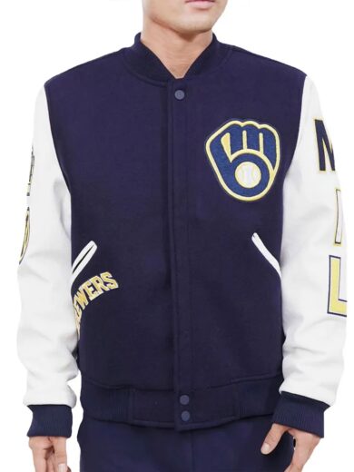 Milwaukee Brewers Blue and White Letterman Jacket