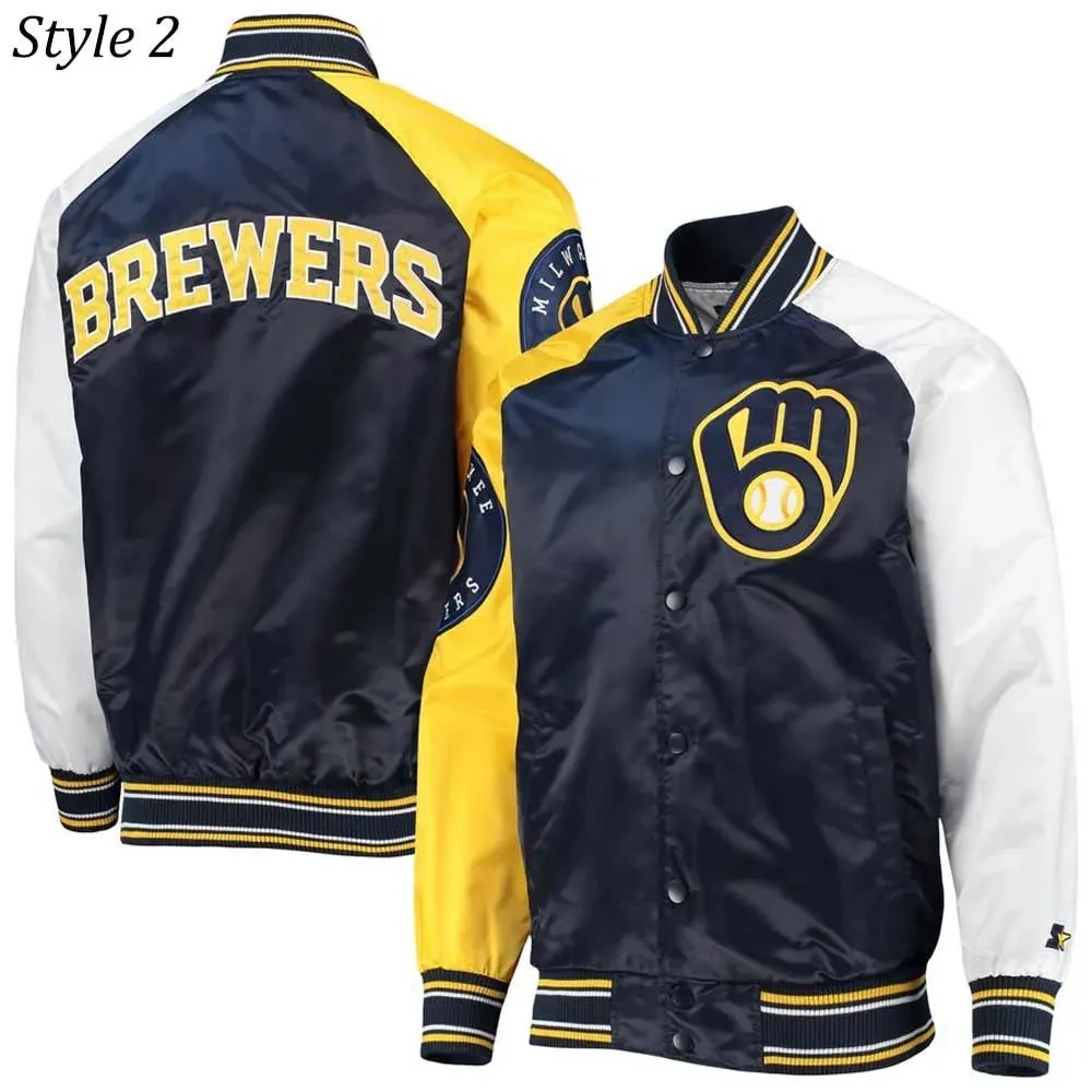 Milwaukee Brewers Gold and Navy Varsity Satin Jacket