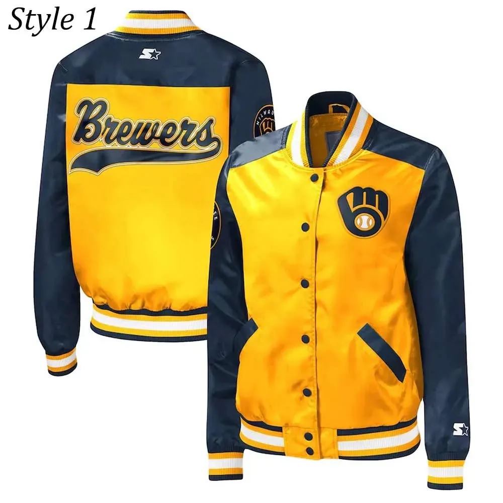 Milwaukee Brewers Gold and Navy Varsity Satin Jacket