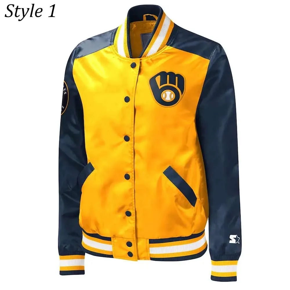 Milwaukee Brewers Gold and Navy Varsity Satin Jacket