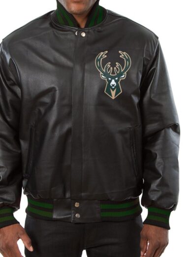 Milwaukee Bucks Black Leather Varsity Jacket