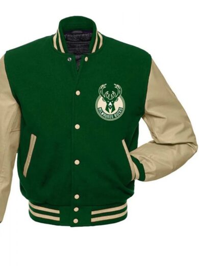Milwaukee Bucks Letterman Beige and Green Jacket