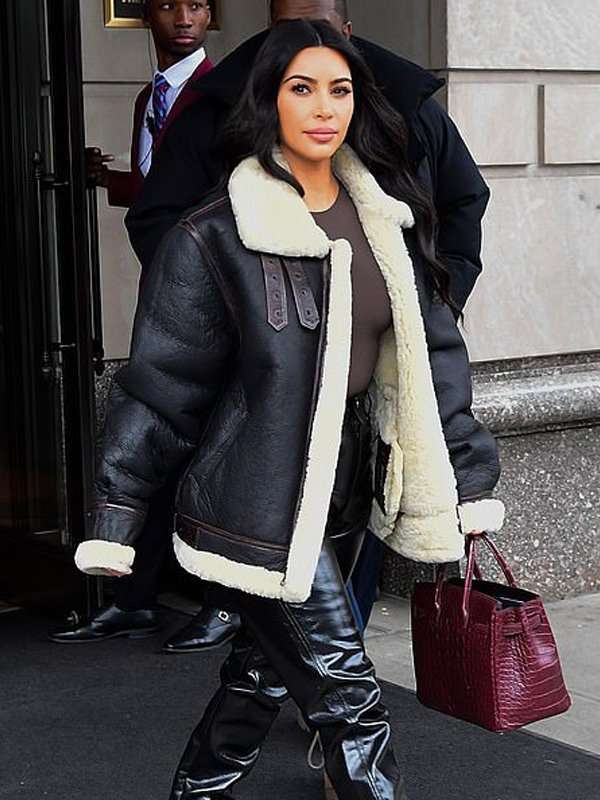 Kim Kardashian Bomber Shearling Leather Jacket