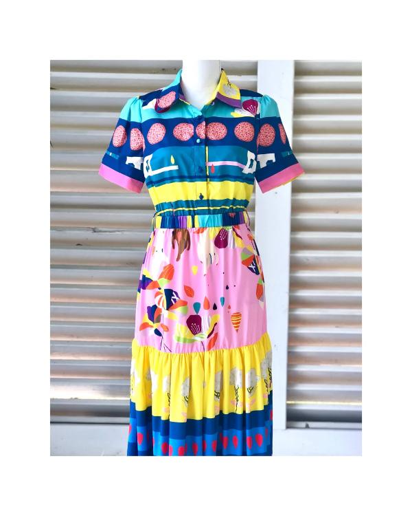 TV We Love S01 Carrie Preston Pink Blue Abstract Print Dress