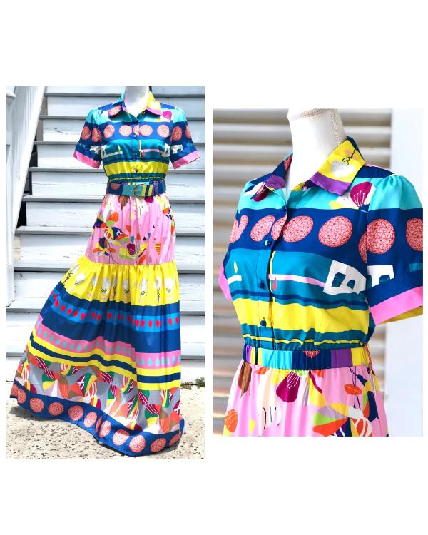 TV We Love S01 Carrie Preston Pink Blue Abstract Print Dress