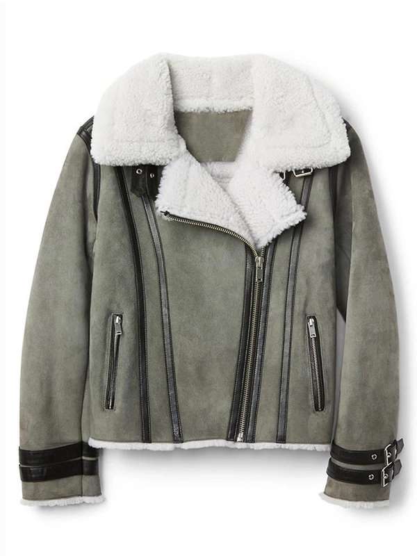 Women’s Bomber Grey Shearling Suede Leather Jacket