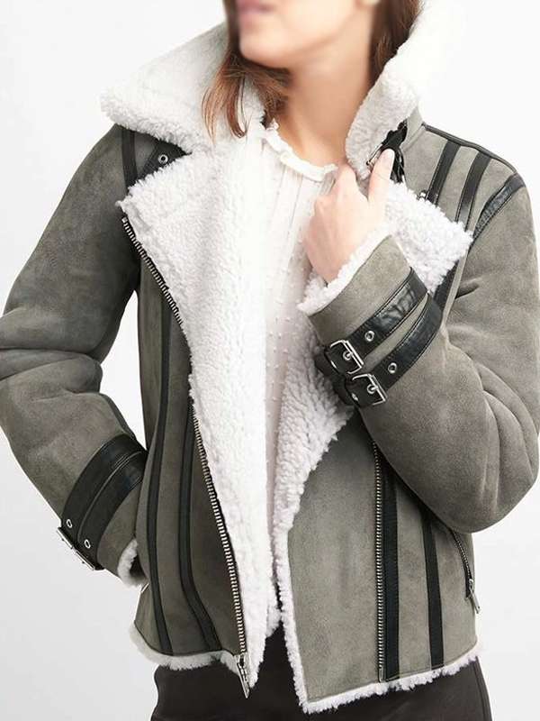 Women’s Bomber Grey Shearling Suede Leather Jacket