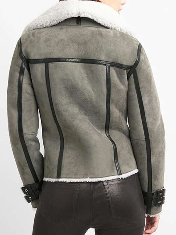 Women’s Bomber Grey Shearling Suede Leather Jacket