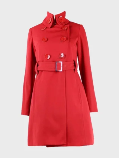 Womens Red Belted Mid-Length Coat