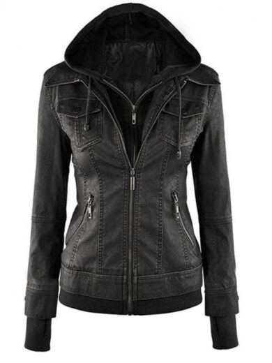 Women’s Stylish Hooded Black Real Leather Jacket