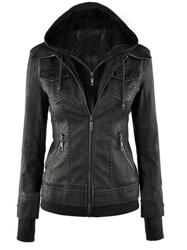 Women’s Stylish Hooded Black Real Leather Jacket
