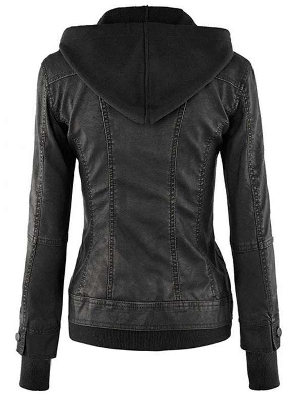 Women’s Stylish Hooded Black Real Leather Jacket
