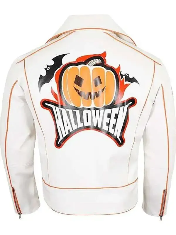 Men’s Halloween Pumpkin White Biker Leather Jacket