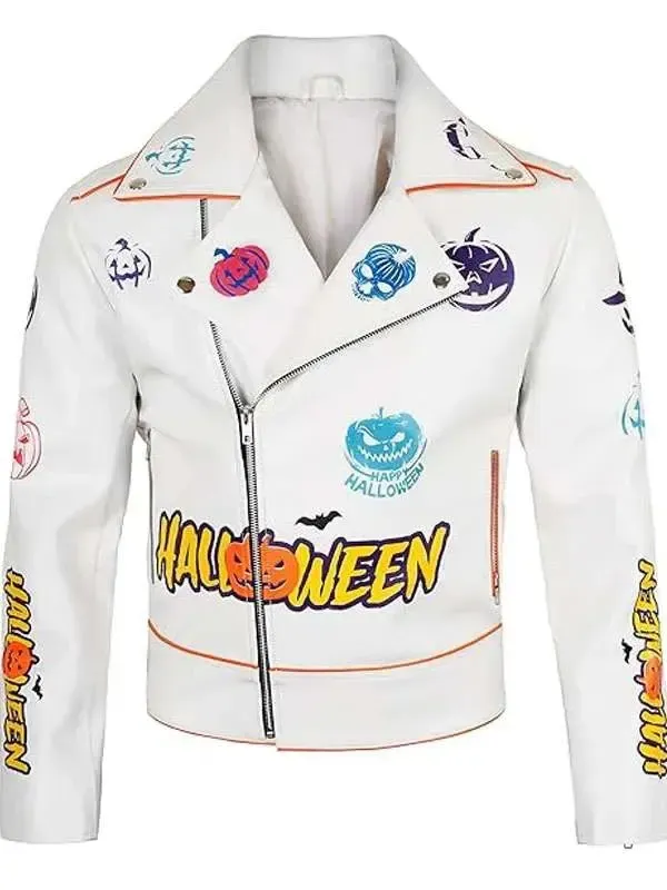 Men’s Halloween Pumpkin White Biker Leather Jacket